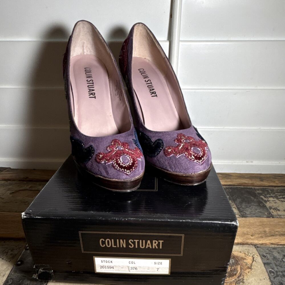 Colin Stuart Beaded Embroidered Stiletto Pumps Purple Red Black Green 7M